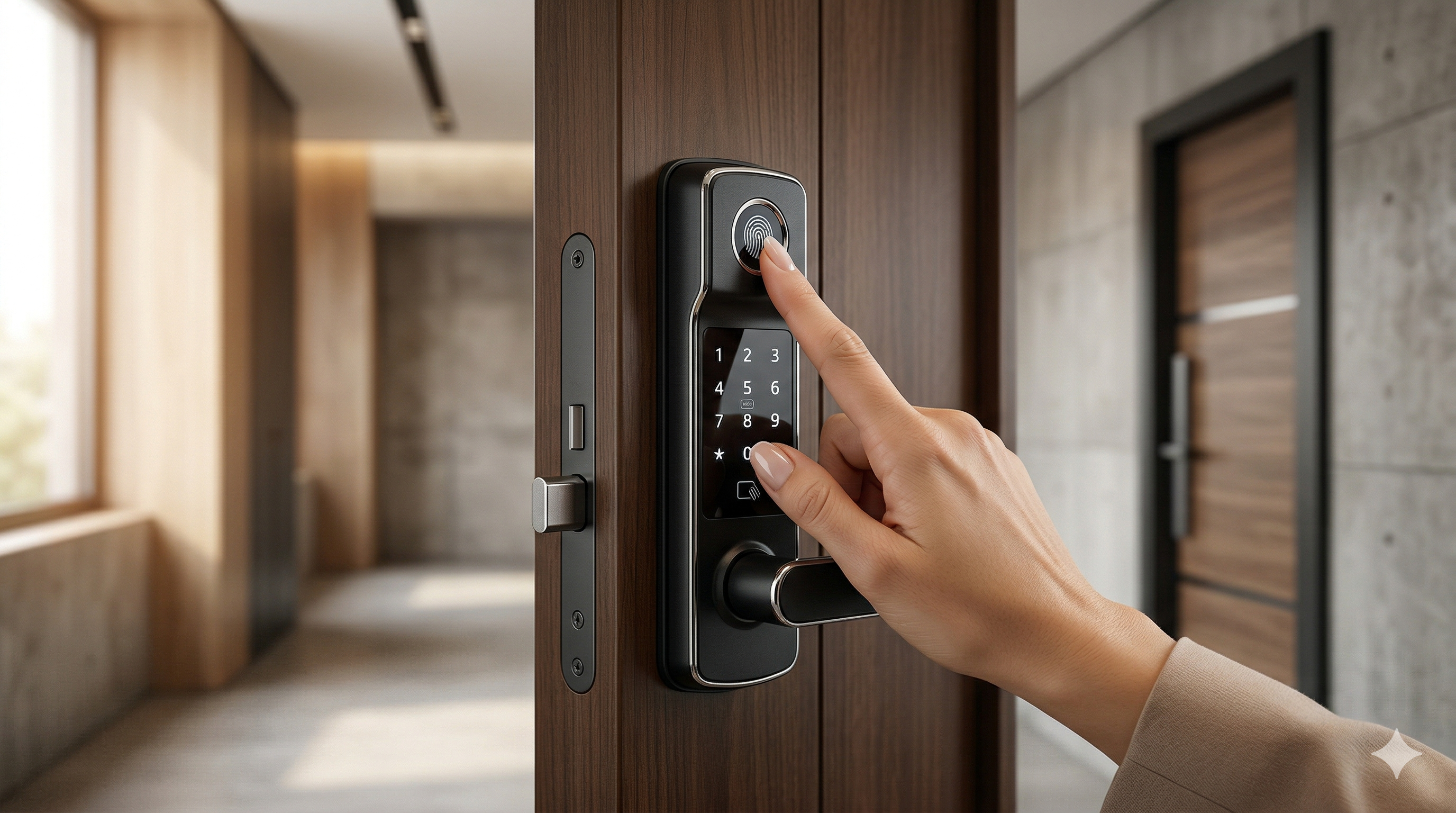Mão de uma pessoa utilizando o leitor biométrico de uma fechadura eletrônica moderna em uma porta de madeira.